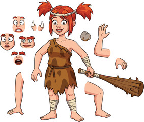 Cartoon Cavewoman Character with Interchangeable Expressions and Poses for Animation - Prehistoric Female Avatar for Game Design, Illustration, Storytelling, and Historical Education Projects - Colorf