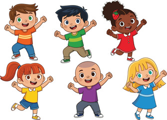 Excited Diverse Group of Children Playing Together on White Background, Cartoon Kids Raising Arms in Joyful Celebration, Educational Illustration for School,  Celebrating Diversity, Cheerful, Youthful