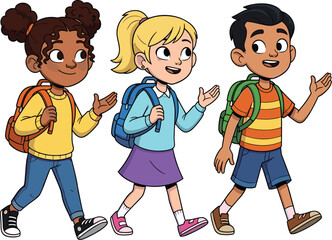 Cheerful Elementary Students Walking to School Together, Carrying Backpacks on Sunny Morning, Education Illustration for Children's Book, Back-to-School, Diverse Classmates, Friendship, and Learning,
