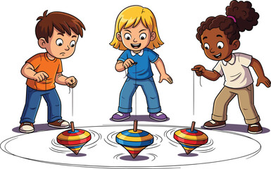 Three Cheerful Children Playing Spinning Tops Game Outdoors, Engaging in Nostalgic Childhood Fun, Developing Motor Skills & Coordination in an Educational & Recreational Activity, Colorful Cartoon Ill