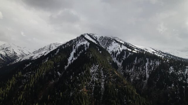 A Stunning Aerial View of Snow-Capped Mountains Surrounded by Dense Evergreen Forests Under a Dramatic Cloudy Sky