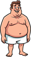 Fototapeta premium Cartoon Overweight Man Smiling Confidently in Underwear Standing Against White Background, Embodying Body Positivity and Self-Acceptance for Healthcare and Lifestyle Advertising, Bold Illustration Sty