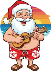 Cartoon Santa Claus Relaxing on Tropical Beach Playing Ukulele for Summer Vacation Holiday, Fun Festive Christmas Character for Greeting Card, Party Invitation, Celebration, Happy Festive Season Illus