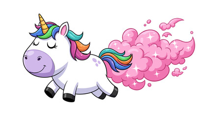 Cartoon Unicorn Flying with Rainbow Mane Emitting Pink Sparkly Cloud – Fantasy Creature in Motion for Children's Illustration, Animation Projects, Educational Resources, Whimsical Design, Sweet Charac