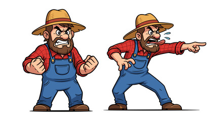 Cartoon Angry Farmer Characters Expressing Frustration on the Farm, Agricultural Outrage,  Rural Conflict Illustration for Presentations,  Websites, Angry Reaction, Outraged Villager, Farming Dispute,