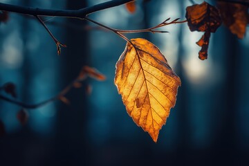 Wind-touched autumn leaf on branch with detailed veins and ruffled edges, illuminated by warm sunlight against soft blue background for seasonal design projects.