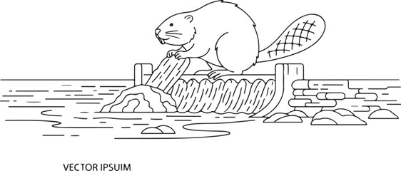 Beaver on Dam Holding Log in River Line Art Illustration © Andikia