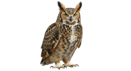 Isolated Great Horned Owl bird facing forward in studio setting with feathers and talons
