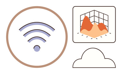 wireless signal icon, 3D data visualization chart, and cloud element. Ideal for technology, connectivity, data analysis, digital communication, cloud computing, virtual networks seamless