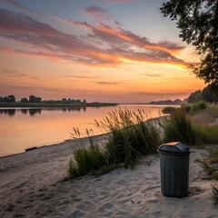 serene sunset by the river a trash can
