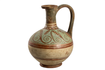An old-fashioned ceramic water jug featuring intricate hand-painted green spiral designs and earthy tones, isolated on a seamless white background