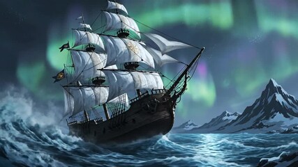Majestic Sailing Ship Navigates Stormy Arctic Seas Under the Aurora Borealis - Powered by Adobe