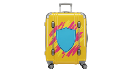 Isolated bright yellow suitcase with custom blue shield, travel luggage ready for adventure