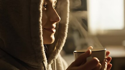 A young woman in a cozy hooded sweatshirt smiles while holding a steaming hot mug - Powered by Adobe