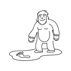 A yeti beside a footprint pressed into fresh snow