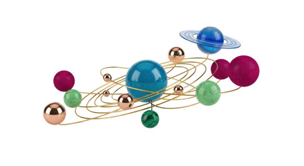 Isolated solar system decor, planet mobile, orbiting spherical design on clear backdrop