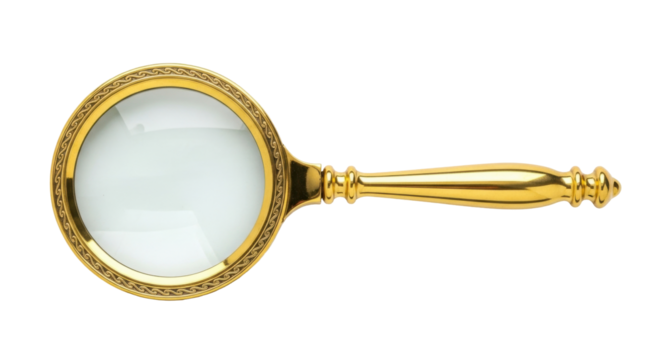Isolated golden magnifying glass, close-up, ornate handle, search tool, high-resolution image