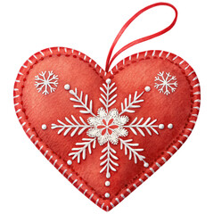 A red heart ornament featuring white snowflakes and decorative stitching isolated on white background , festive holiday decor.