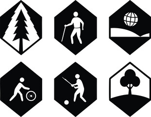 Obraz premium Outdoor recreation and sports silhouette icons set hexagonal grid vector bundle scalable eps format