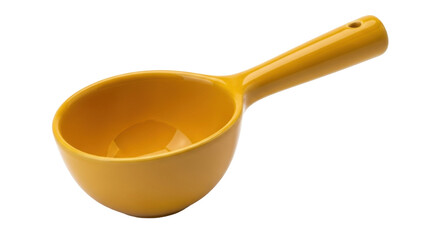 Isolated mustard-yellow ceramic measuring cup or scoop with handle and hanging hole, angled view