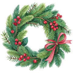 vibrant holiday wreath with pine branches, red berries, and a pink bow, festive cheer. ,watercolor clip art isolated on white background