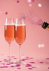 Two elegant glasses of bubbly drink on a pink background, with sparkling confetti and bubbles a festive atmosphere.