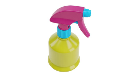 Isolated yellow spray bottle with pink trigger, blue accents for cleaning and gardening