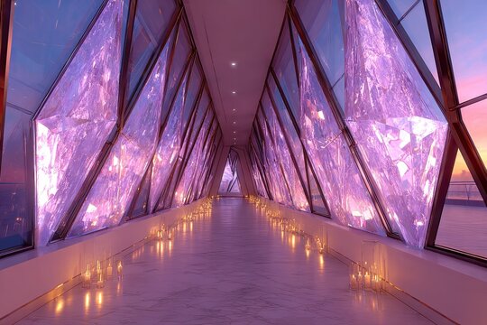 Modern corridor with geometric purple glass at dusk - Powered by Adobe