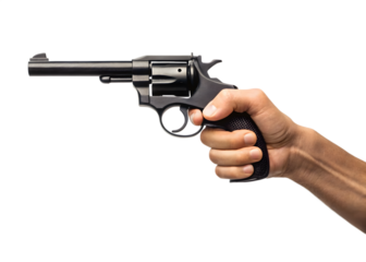 Hand holding a black revolver isolated on transparent background in studio shot