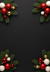 festive arrangement mockup of red and white ornaments surrounded by green foliage on a black background, perfect for holiday decorations.