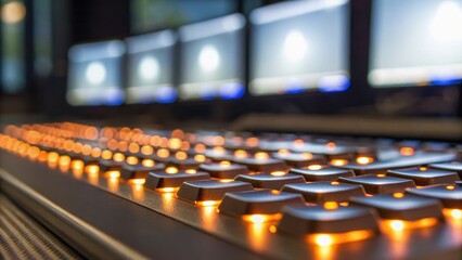 Illuminated keyboard with multiple blurred monitors in the background, creating a tech-focused atmosphere.