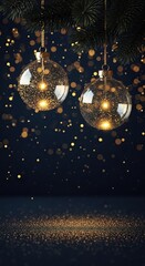 Elegant Christmas ornaments hang against a dark backdrop, illuminated with warm lights, a festive and magical atmosphere.