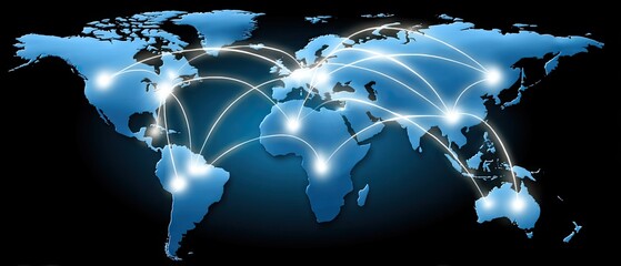 Global network connections illustrated on a world map with glowing lines showing data pathways and digital communication across continents