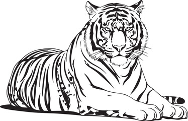 Black and White Line Art Illustration of a Majestic Tiger Lying Down