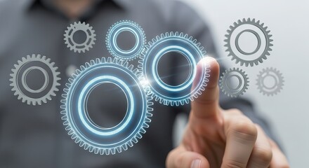 SaaS business models, A person interacts with digital gears, technology, innovation, and mechanical processes in a modern setting.