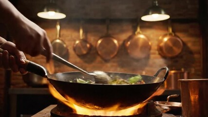 Cooking Fried Rice or Nasi Goreng in Wok with Flame and Smoke Against Copper Pots in Rustic Kitchen Setting Using a Spatula on High Heat Emitting Sizzle Sound for National Food Day Ads