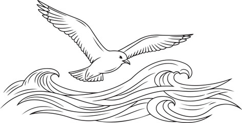 Flying Seagull Over Ocean Waves Line Art Illustration