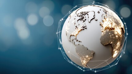 Digital representation of the Earth showcasing continents connected by glowing lines against a blurred blue background