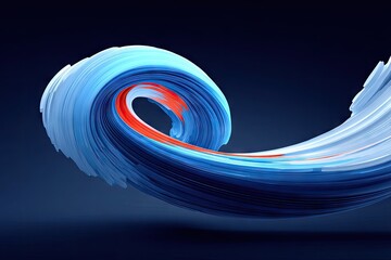 Wavy, layered abstract form in blue, white and red on dark background