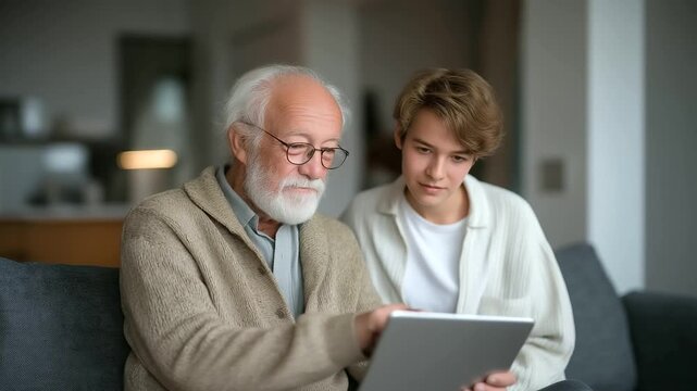 senior artist showing digital drawing on tablet to young volunteer soft notification ping bridging analog and digital three quarter wide angle cinematic color correction gentle