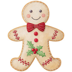 whimsical gingerbread man featuring decorative icing, a cheerful smile, and a classic bow tie with festive elements. ,watercolor clip art isolated on white background