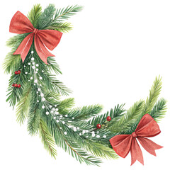 decorative Christmas wreath border corner featuring lush green pine branches with red bows and white berries. ,watercolor clip art isolated on white background