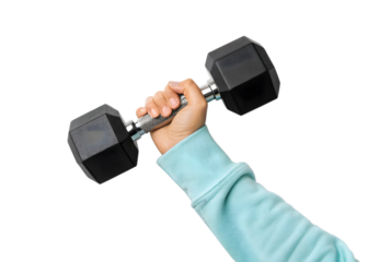 Womans hand holding a dumbbell isolated on transparent background in studio shot