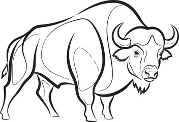 Stylized Line Art Illustration of a Majestic Bison Standing