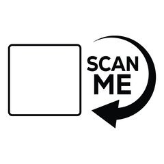 Black and white vector "SCAN ME!" call-to-action graphic. Large text and a curving arrow point to an empty square placeholder for a QR code or barcode. Minimalist, modern design.