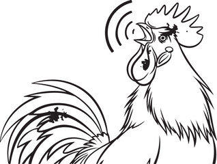Black and White Illustration of a Crowing Rooster with Sound Waves