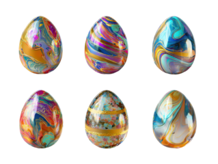 Iridescent Liquid Marble Pattern Eggs Collection with Abstract Flowing Swirls and Metallic Highlights for Creative Arts and Digital Design Isolated on Transparent