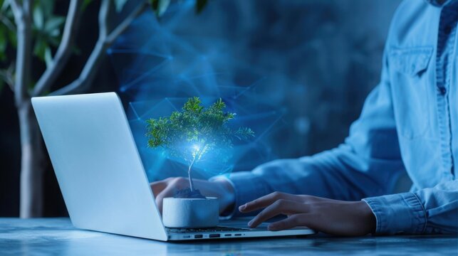 Programmer Hand Laptop Keyboard Holographic Data Screens Code Snippets Digital Hexagon Icons Deep Blue Technology