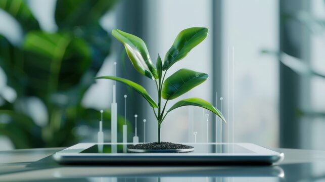 Clean Desk Tablet 3D Hologram Rotating Green Seedling Rising Blue Financial Graphs Return On Investment