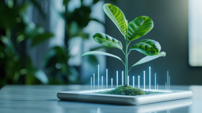 Clean Desk Tablet 3D Hologram Rotating Green Seedling Rising Blue Financial Graphs Return On Investment